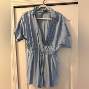 Blue Short Sleeve Elastic Waist Playsuit  Romper -  Large